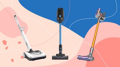 Gtech AirRAM Platinum, Halo Capsule X, and Dyson V8 Absolute cordless vacuum cleaners on pink and blue sketch-style Ideal Home background