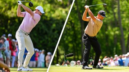 Xander Schauffele and Rory McIlroy at the top of their backswing