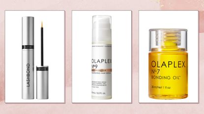 A collage of Olaplex products, (L to R) including the Lashbond serum, No.9 hair protector serum and No.7 Bonding oil, all pictured on white backgrounds and in a pink watercolour paint-style template