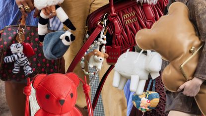 a collage of emotional support accessories including lemur, tiger, bear, dog, sheep, and cat accessories carried in street style at fashion week