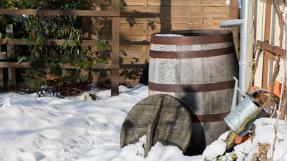 Rain barrel in winter