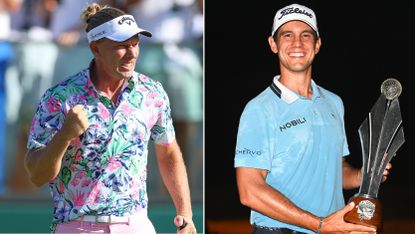 Marcel Siem fist pumps after holing a putt, Matteo Manassero holds a trophy