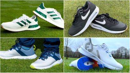 A range of different golf shoes in a grid style box