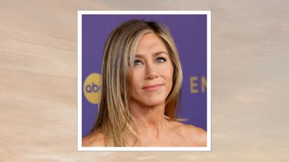 Jennifer Aniston is pictured with blonde hair, dubbed &#039;Heritage Blonde&#039; this winter season, whilst at the 76th Primetime Emmy Awards at Peacock Theater on September 15, 2024 in Los Angeles, California/ in a beige to grey sunset-style template