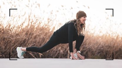 Woman stretching, wearing hat and workout clothes, representing the benefits of exercise in winter