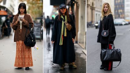 Split image of women wearing backpack, crossbody bags, and duffel bag