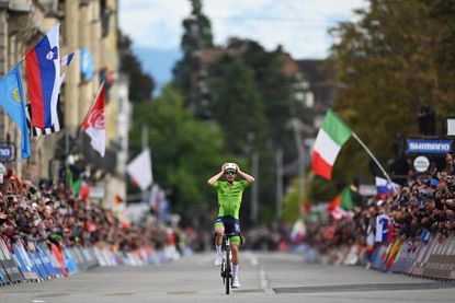 adej Pogacar of Team Slovenia celebrates at finish line as gold medal winner during the 97th UCI Cycling World Championships Zurich 2024, Men&#039;s Elite Road Race a 273.9km one day race from Winterthur to Zurich on September 29, 2024 in Zurich, Switzerland.