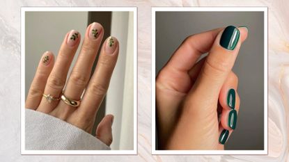 On the left, a hand with a mistletoe manicure created by nail artist Megan Rose and on the right, a hand with short dark green nails created by Mateja Novakovic/ in a cream, white and grey marbled template