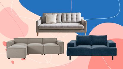 John Lewis Draper sofa, Swyft Model 03 sofa and Habitat Julien sofa on a graphic background in pink and blue