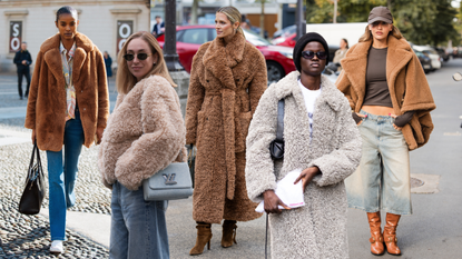 a collage of women wearing teddy coats