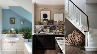 light blue bathroom, neutral kitchen with black cabinets, white and neutral staircase with log storage