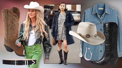 product collage of fashion week attendee wearing cowboy hat and leather jacket, attendee wearing silver sequin dress, navy jacket, and black cowboy boots, with images of brown cowboy boots, black belt, silver hoops, white cowboy hat on dark grey and red gradient background 