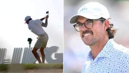 Turk Pettit at the top of his backswing, George Bryan smiles as he walks off the putting green