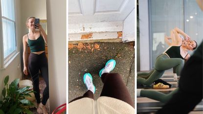 Health Editor Ally Head testing some of the best gym leggings featured in this round up, from Bam, Adanola and lululemon