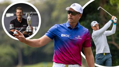 Henrik Stenson hitting an iron shot, holding the Claret Jug and thanking fans with a golf ball in his right hand