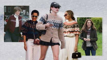 A collage of Princess Diana, Tamu McPherson, Hailey Bieber, a fashion week guest, and Kate Middleton wearing Fair Isle sweaters on a background of snow