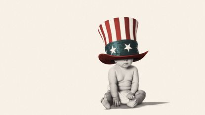 Illustration of a toddler wearing an oversized Uncle Sam hat