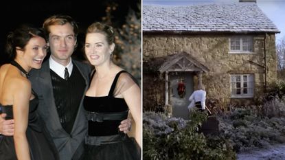 Cameron Diaz has black hair as she poses with Jude Law, who is wearing a gray suit, and Kate Winslet, who is wearing a black dress, as they promote their 2006 movie The Holiday, and a screenshot from the film shows the English Christmas cottage from the film