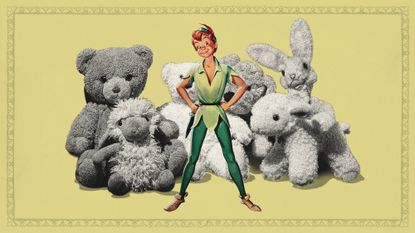 Photo collage of a vintage Peter Pan illustration, standing proudly in front of a pile of toys