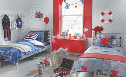 red, white and blue shared kids&#039; bedroom