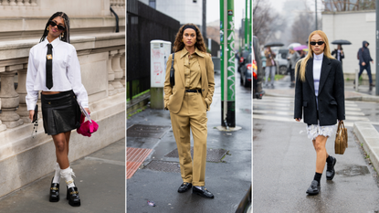 A collage of three women at fashion week wearing loafers