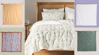 The center image is of a rattan bed with a white textured quilt on it. There are four product boxes surrounding the center image image, each containing a different bedding for sale