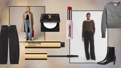 an image featuring a pair of barrel jeans, a barn coat, powder, mascara, lipstick, sweaters, and boots 