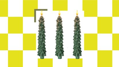 A white and yellow checkerboard background with a white product box square in the middle that has three forest green Christmas tree-shaped LED candles in it.