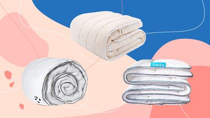 Three of the best duvets as tried and tested by Ideal Home on a pink and blue background