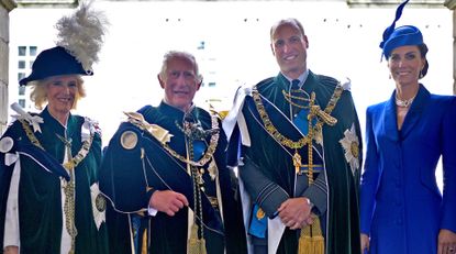 Queen Camilla, King Charles, Prince William, and Kate Middleton wear blue regalia