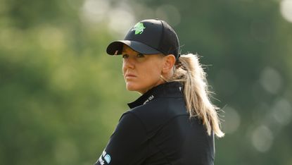 Amy Olson looks over her left shoulder at the 2023 Meijer LPGA Classic