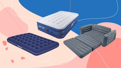 Three of the best air beds on a pink and blue background