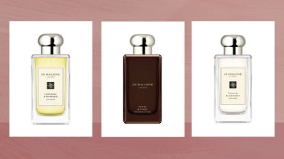 Collage of three of the best Jo Malone Perfumes featured in this guide – Lime, Basil and Mandarin; Myrrh and Tonka; and Peony and Blush Suede – against a dark pink watercolour-style background