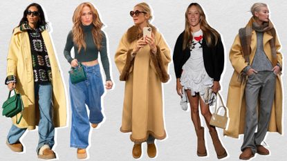 A graphic on a white background of women wearing Ugg outfits, including Jennifer Lopez, Kelly Rutherford, and Chloë Sevigny