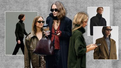 A graphic collage of the Olsen tuck trend featuring Mary-Kate Olsen with her hair tucked in a scarf, fashion week guests with hair inside sweaters, Phoebe Philo, and two models.