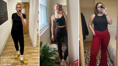 Sophie, Ally and Amelia wearing various pairs of the best cross waist leggings tested in this guide