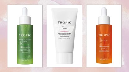 Collage of Tropic Skincare products (L-R) Rainforest Dew Serum, Feel Fresh Deodorant and Elixir Oil, on a pink watercolour background