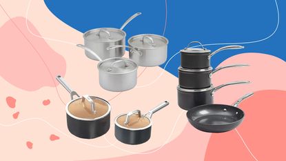 Three of the best saucepan sets on pink and blue background