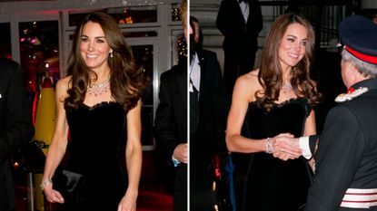 Composite of two pictures of Kate Middleton wearing a black velvet strapless gown as she attends The Sun Military Awards in 2011