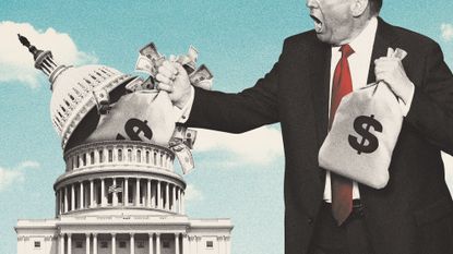 Illustration of Donald Trump removing sacks of money from the Capitol building