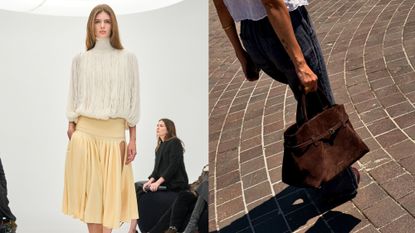 Collage of runway imagery and woman posing outside holding a brown suede handbag.