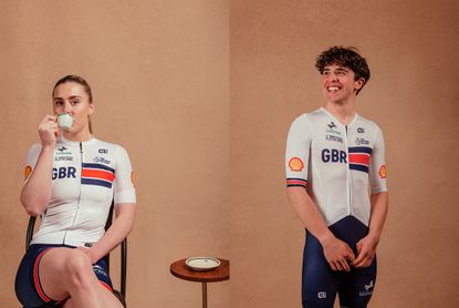 Emma Finucane and Archie Atkinson in the new British Cycling kit