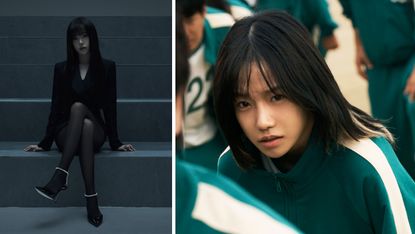 a split image of jo yu-ri as jun-hee in squid game season 2 and a shot of her wearing a black blazer and posing sitting down