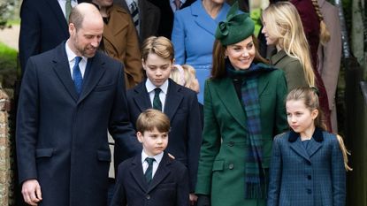 Prince William, Prince of Wales and Catherine, Princess of Wales with Prince George of Wales, Princess Charlotte of Wales and Prince Louis of Wales attend the Christmas Morning Service at St Mary Magdalene Church on December 25, 2024 in Sandringham, Norfolk.