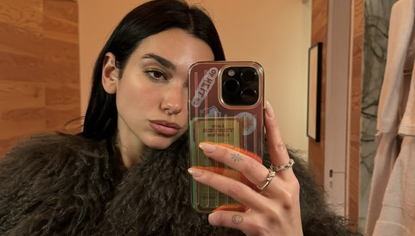 dua lipa wears a brown yeti coat in instagram mirror selfie