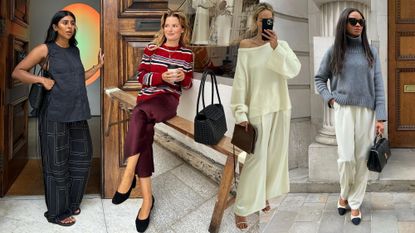 a collage of fashion influencers wearing silk pants