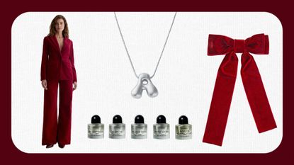 Collage of Bow, Red Matching Suit Set, Byredo Perfume, Pendant Necklace