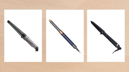 Collage of three of the best curling wands for thick hair featured in this guide from Remington, Dyson and ghd, set against a warm beige watercolour-style background