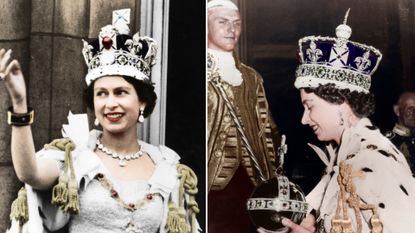 Queen Elizabeth waves from the Buckingham Palace following her Coronation while wearing the heavy Coronation Crown and wearing her Coronation regalia