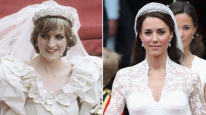 Princess Diana rides in a carriage following her wedding to Prince Charles, while wearing a voluminous wedding gown and long veil with the Spencer tiara, and Kate Middleton wears a lace white wedding gown with a tiara and veil as she marries Prince William